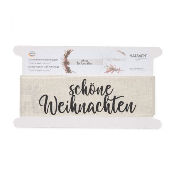 Druckband "Schöne Weihnachten" meliertes Webband / "Wildseide-Optik" 1111 linen/black Hauptbild Detail