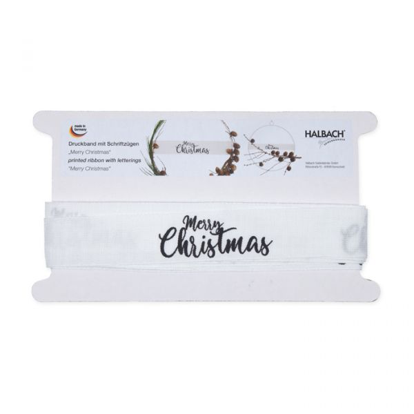 Druckband "Merry Christmas" meliertes Webband / "Wildseide-Optik" 1122 white/black Hauptbild Detail