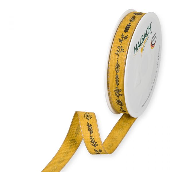 Druckband "Herbstzweige" mit Leinenkanten 1129 honey yellow/black Hauptbild Listing
