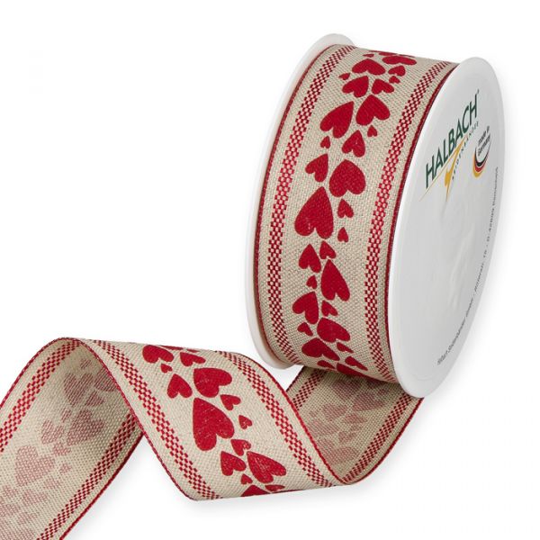 Leinen-Druckband "Herzen" mit Randstreifen 1149 natural/red Hauptbild Listing