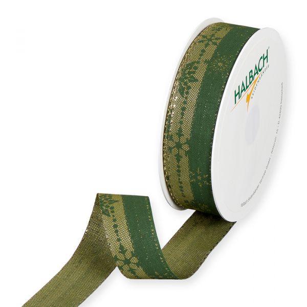 Druckband "Schneesterne/Streifen", Geschenkband, Weihnachtsband 1269 olive green/gold Hauptbild Listing