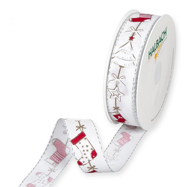 Druckband "Weihnachten", Geschenkband, Weihnachtsband 1283 white/red/silver Hauptbild Listing