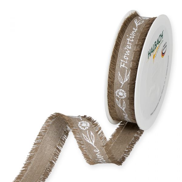 Leinen-Druckband "Gardentime/Summertime/Flowertime" 1316 dusky brown/white Hauptbild Listing