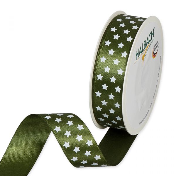 Satin-Druckband "Sternchen" 1354 moss green/white Hauptbild Listing
