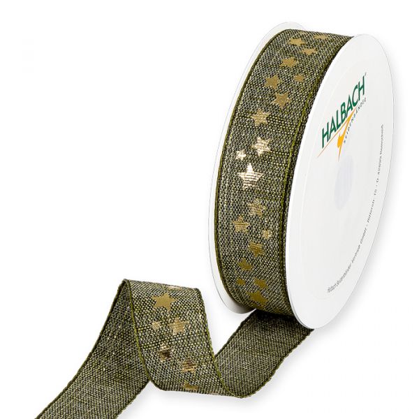Druckband "Sterne", Geschenkband, Weihnachtsband 1434 olive green/gold Hauptbild Listing