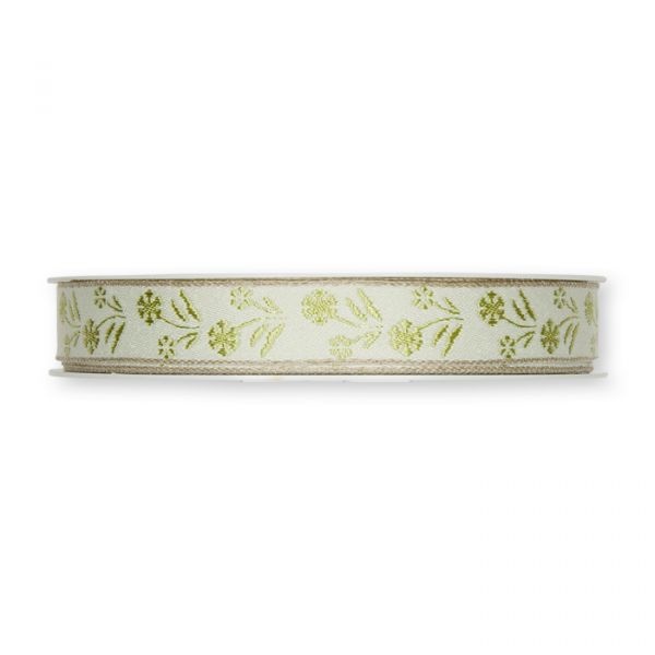 Jacquardband "Blumen" in 30 mm Breite mit Leinenstreifen white/pale green Hauptbild Detail
