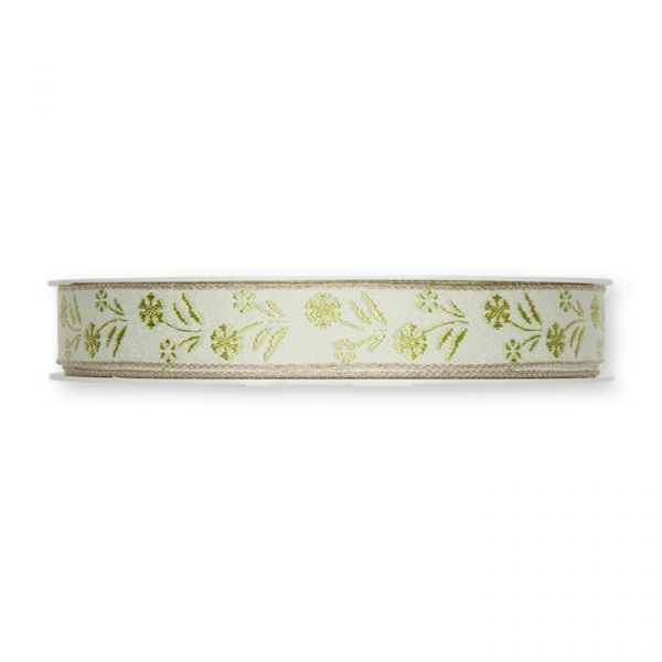 Jacquardband "Blumen" mit Leinenstreifen 1455 white/pale green Hauptbild Detail