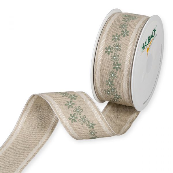 Leinen-Druckband "Blümchen" 1702 jade/white Hauptbild Listing