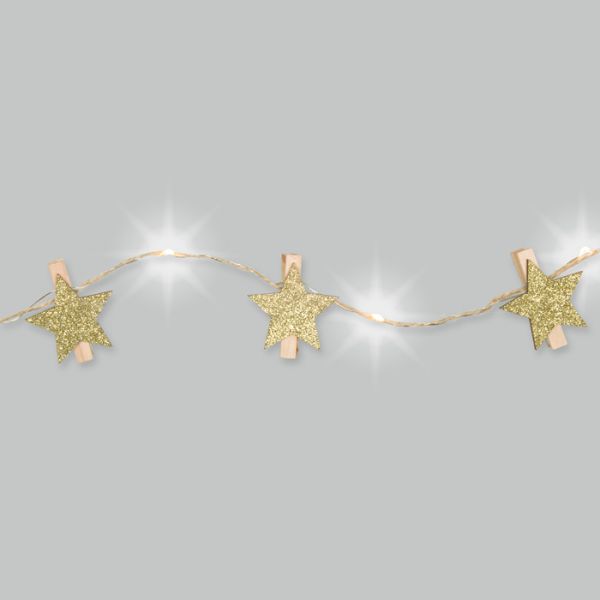LED-Schnur "Sterne" mit Jutekordel und 12 Holzklammern 22804 gold glitter - star Hauptbild Detail