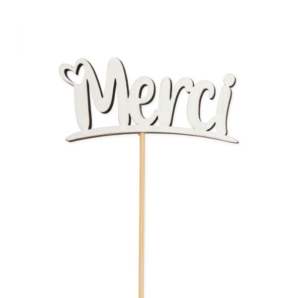 Holz-Stecker "Merci", Pflanzenstecker Blumenstecker cake topper 23471 white Hauptbild Detail