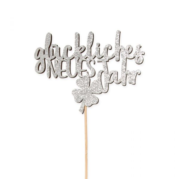 Holz-Stecker "glückliches NEUES Jahr" 23501 silver glitter Hauptbild Detail