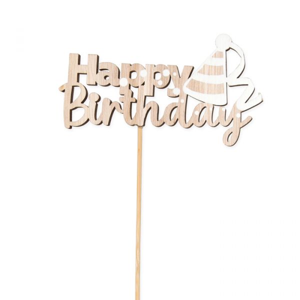 Holz-Stecker "Happy Birthday", cake topper, Blumenstecker, Pflanzenstecker 23537 white/natural Hauptbild Detail