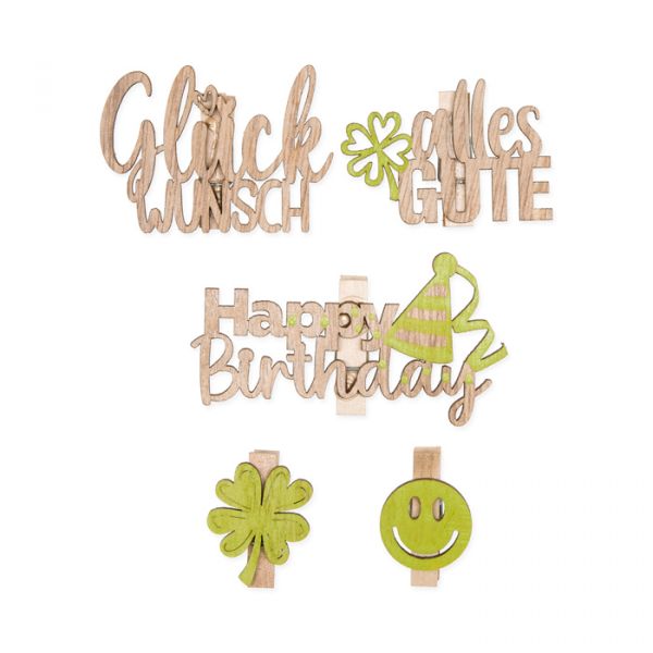 Deko-Holzklammern Set "Geburtstag" 23553 green/natural Hauptbild Detail