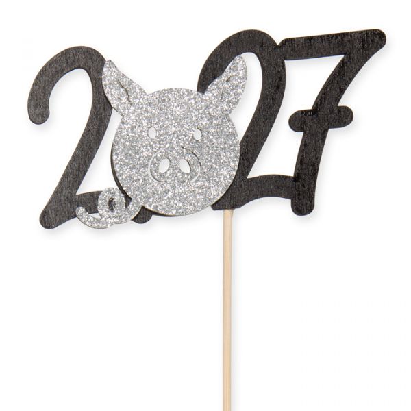 Holz-Stecker "2027", Silvester-Deko 23589 black/silver glitter Hauptbild Detail