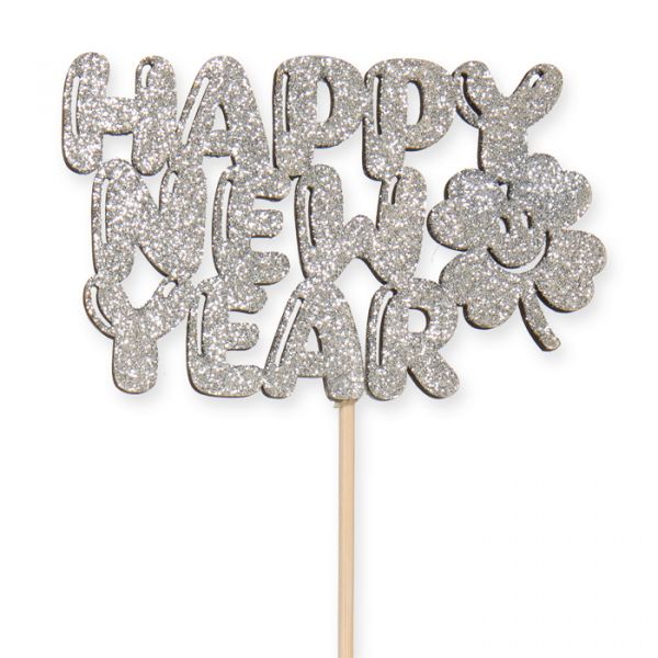 Holz-Stecker "HAPPY NEW YEAR", Silvester-Deko 23590 silver glitter Hauptbild Detail