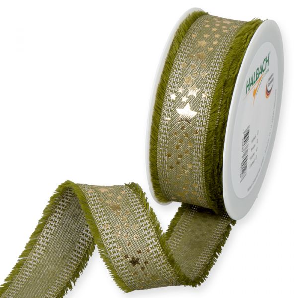 Leinen-Druckband "Sterne" 267 olive green/linen/gold Hauptbild Listing