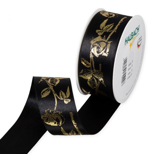 Satin-Druckband "Rosen" 3103 black/gold Hauptbild Listing