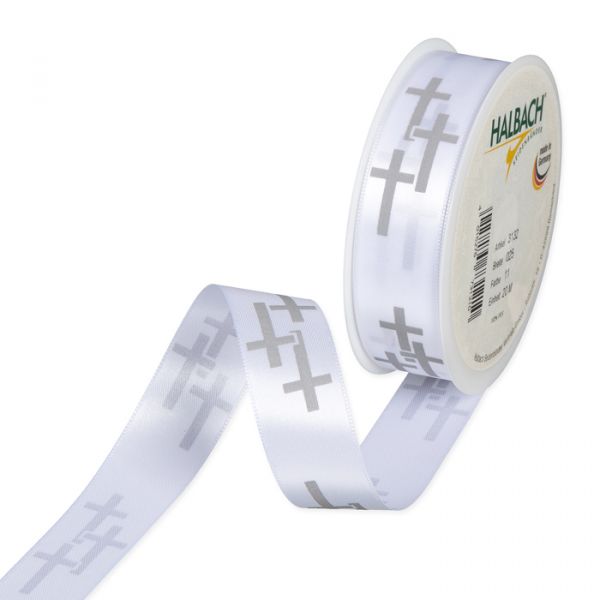 Satin-Druckband "Kreuze" 3132 white/grey Hauptbild Listing