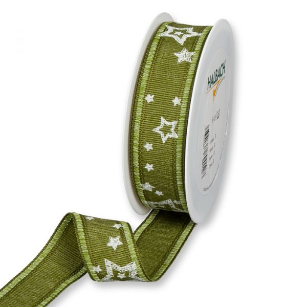 Druckband "Sterne" Ripsstruktur / Baumwoll-Optik / meliert 328 olive green/white Hauptbild Listing