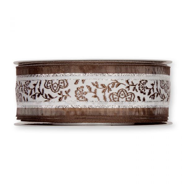 Jacquardband "Ornament" formbare Drahtkante 3562 dusky brown/silver Hauptbild Detail