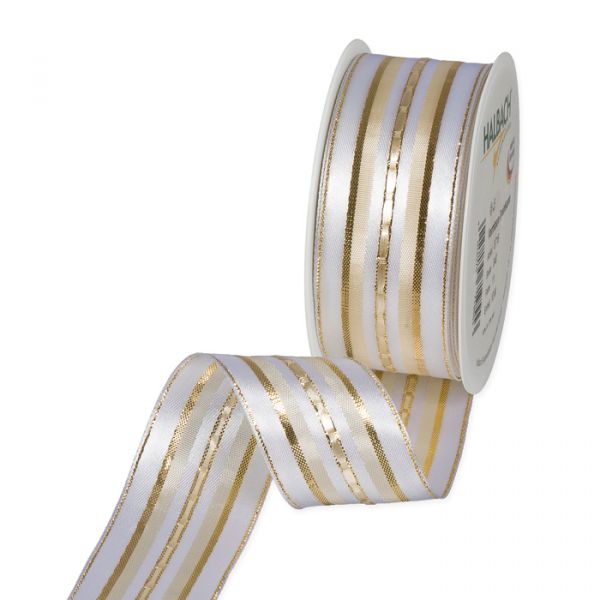 Satin-Streifenband formbare Drahtkante 3716 white/gold Hauptbild Listing