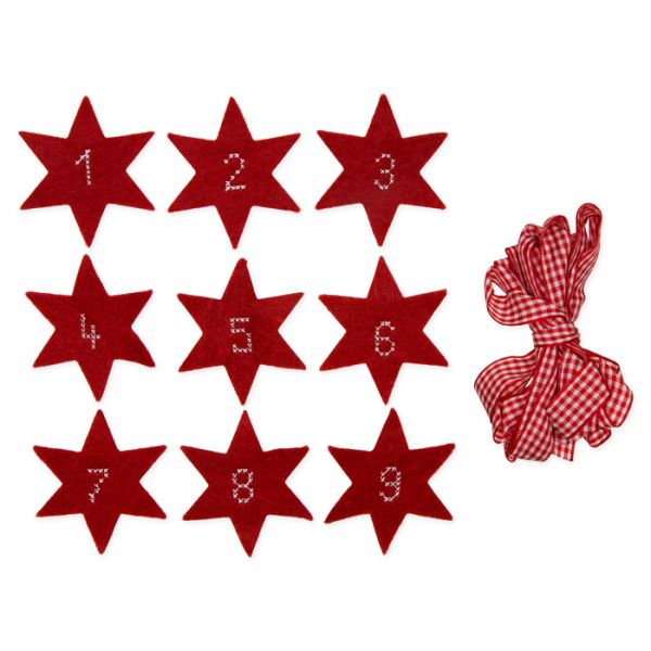 Adventkalender "1-24" gestickte Zahlen auf Filzsternen mit Clip, ca. 3 m Karoband beiliegend 61521 red Hauptbild Detail