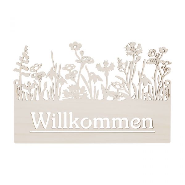 Holz-Schild "Willkommen" mit Löchern zum Aufhängen Laser Cut 62192 white Hauptbild Detail