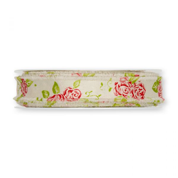 Druckband "Rosen" Fransenkanten 631 linen/red/green Hauptbild Detail