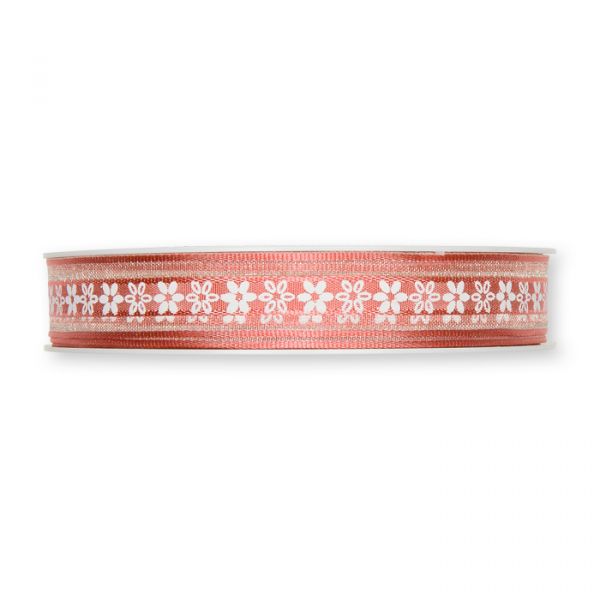 Druckband "Blüten" mit Organza-Streifen 848 flamingo/white Hauptbild Detail
