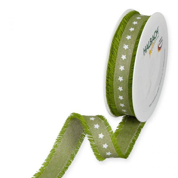 Leinen-Druckband "Sterne"  mit Fransenkanten 897 moss green/white Hauptbild Listing
