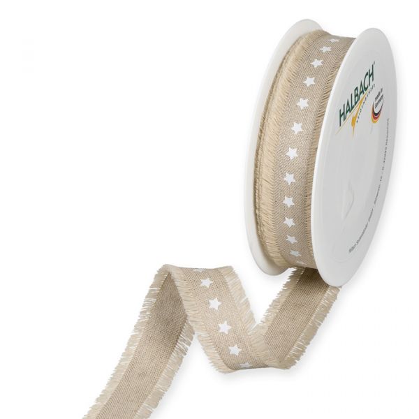 Leinen-Druckband "Sterne"  mit Fransenkanten 897 linen/white Hauptbild Listing