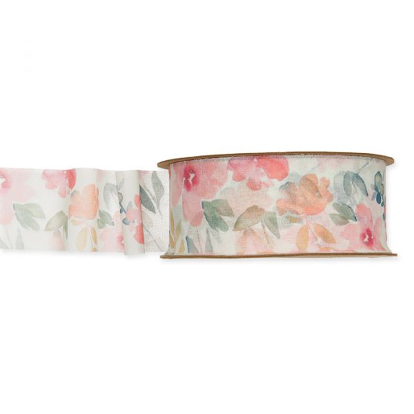 Chiffonband "Aquarell-Blüten" 93202 apricot/rose/green Hauptbild Listing
