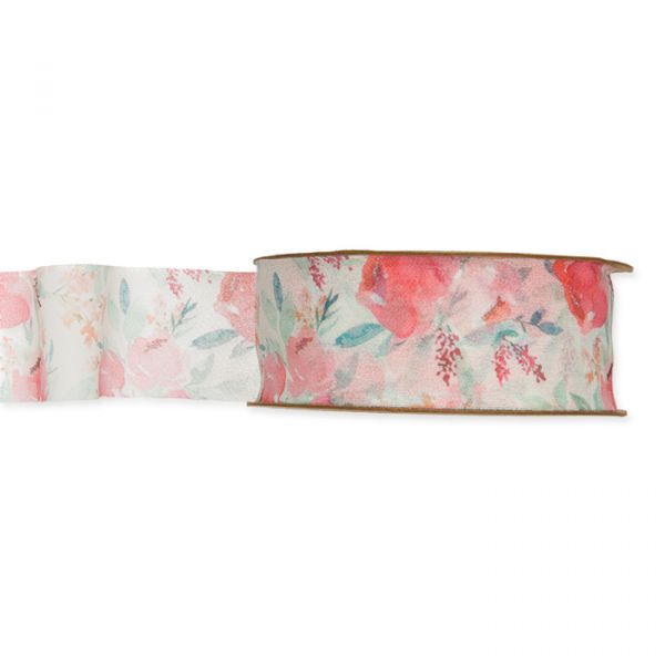 Chiffonband "Aquarell-Blüten" 93202 coral red/green Hauptbild Listing