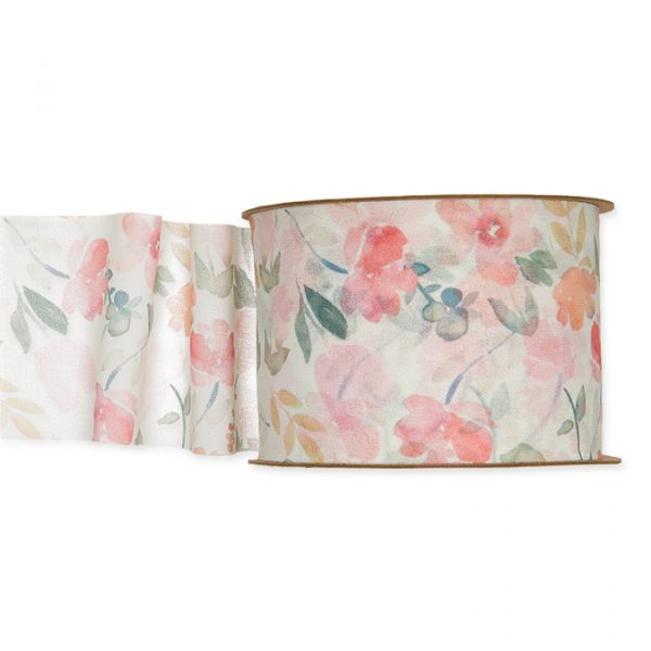 Chiffonband "Aquarell-Blüten" 93202 apricot/rose/green Hauptbild Listing