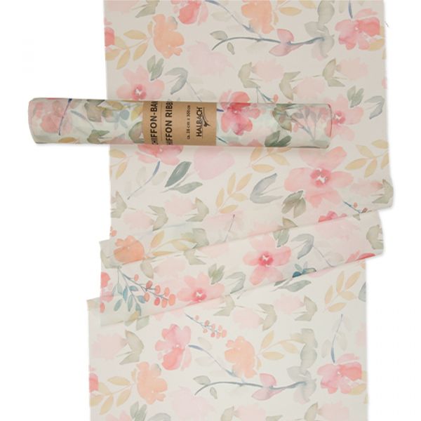 Chiffon-Band "Aquarell-Blüten", Tischband, Tischläufer 93203 apricot/rose/green Hauptbild Listing