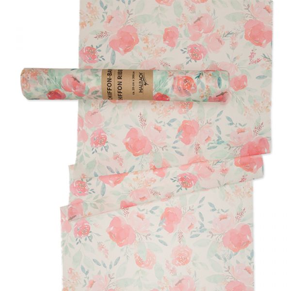 Chiffon-Band "Aquarell-Blüten", Tischband, Tischläufer 93203 coral red/green Hauptbild Listing