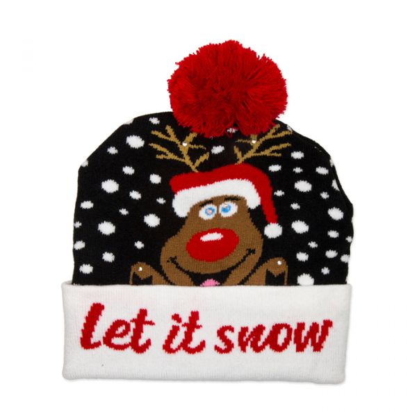 LED-Weihnachtsmütze "Let it snow", Strickmütze, Weihnachtsmarkt-/ Party-Mütze 96206 black/white/red Hauptbild Detail
